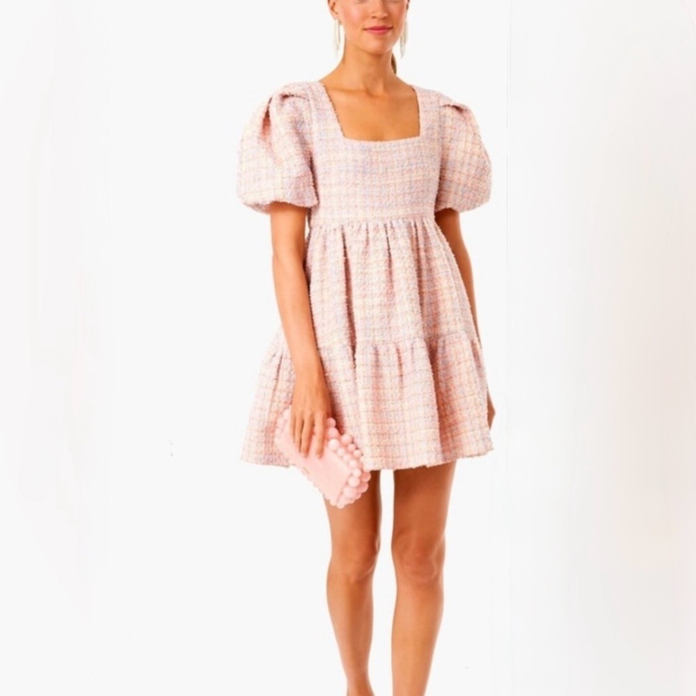 Hyacinth House Nora Pink Tweed Mini Dresss Puff Sleeve Pockets